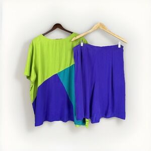 Vintage 80s/90s Colorblock‎ Silk Top Culottes Shorts Blouse Set 20W Purple Green